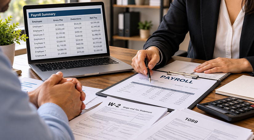 Professional accountant assisting a small business owner in Hyattsville, MD with payroll tax documentation and filings.